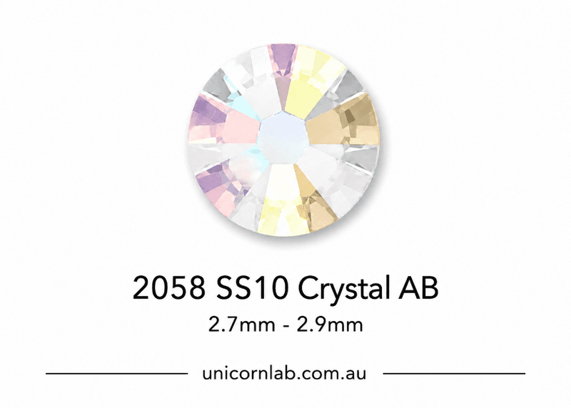 Crystal AB Swarovski with size 2058 SS10 on a white background, featuring the brand 'unicornlab.com.au'.