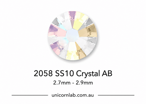 Crystal AB Swarovski with size 2058 SS10 on a white background, featuring the brand 'unicornlab.com.au'.