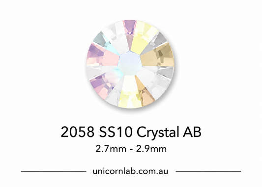 Crystal AB Swarovski with size 2058 SS10 on a white background, featuring the brand 'unicornlab.com.au'.