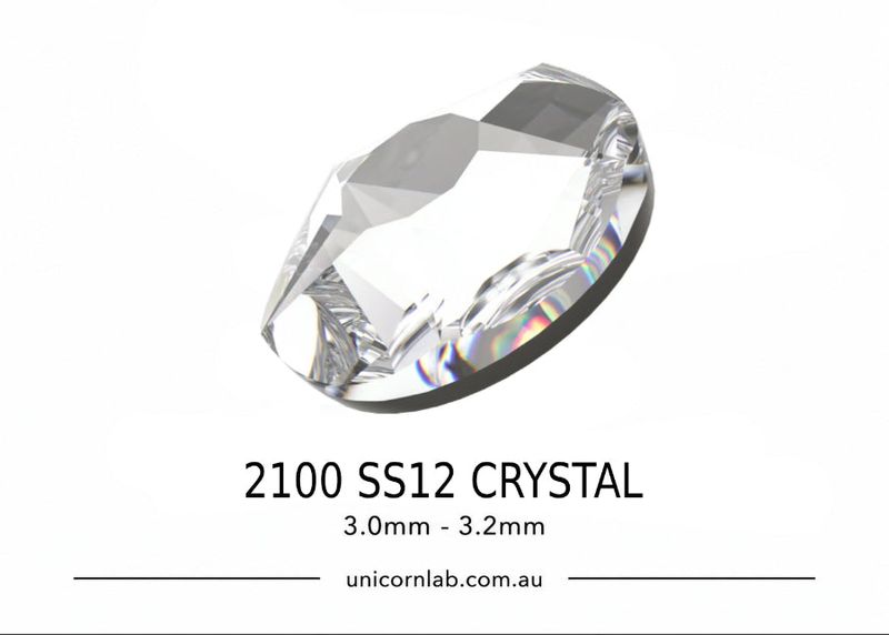 Crystal component with size label '2100 SS12 CRYSTAL' on a white background. Swarovski SS12 Crystal Star Rose Flatback Nail Crystals | 2100 XIRIUS