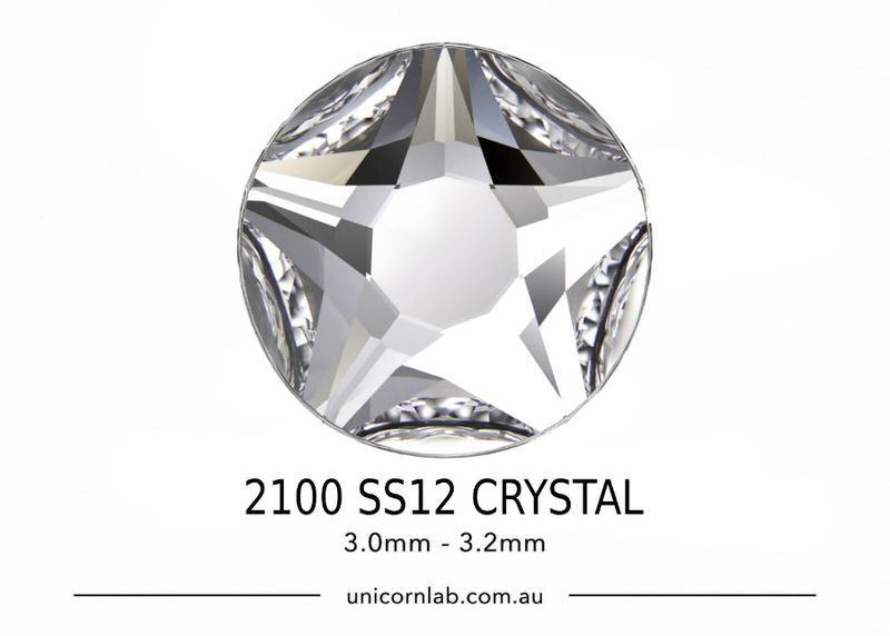 Crystal gemstone with specifications on a white background. Swarovski SS12 Crystal Star Rose Flatback Nail Crystals | 2100 XIRIUS