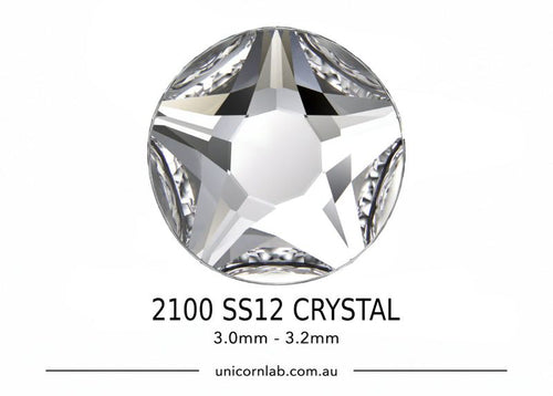 Crystal gemstone with specifications on a white background. Swarovski SS12 Crystal Star Rose Flatback Nail Crystals | 2100 XIRIUS