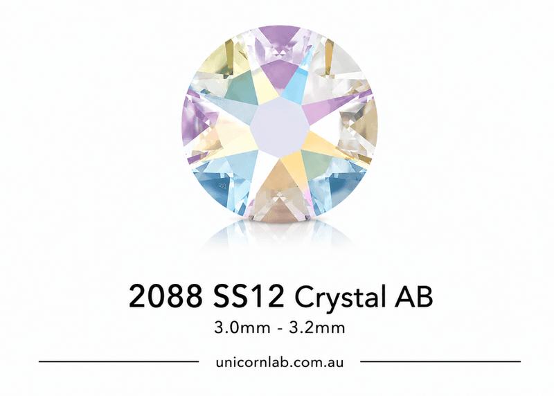 Crystal AB gemstone with specifications on a white background.Genuine Swarovski SS12 Crystal AB flatback nail crystals