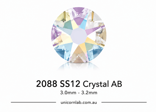 Crystal AB gemstone with specifications on a white background.Genuine Swarovski SS12 Crystal AB flatback nail crystals