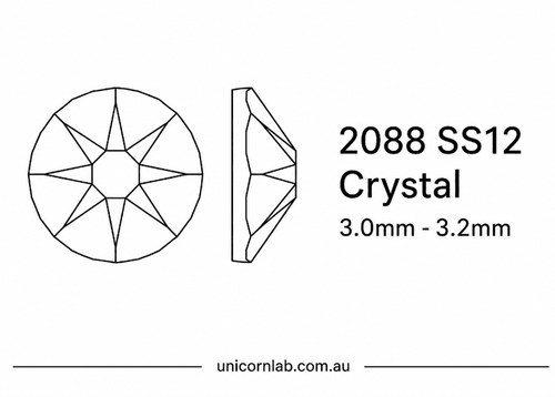 SS12 Crystal | Flatback Nail Crystals | Genuine 2088 Rhinestones- swarovski size diagram. Unicorn Lab