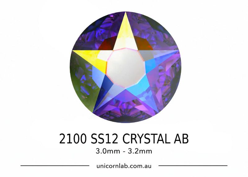 Multicolored crystal with '2100 SS12 CRYSTAL AB' text on a white. Swarovski SS12 Crystal AB | Flatback Crystals | 2100 Star Rose background