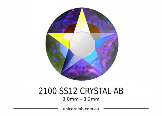 Multicolored crystal with '2100 SS12 CRYSTAL AB' text on a white. Swarovski SS12 Crystal AB | Flatback Crystals | 2100 Star Rose background