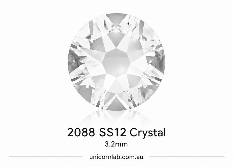Crystal gemstone with size 2088 SS12 and dimensions 3.2mm on a white background. SS12 Crystal | Flatback Nail Crystals | Genuine 2088 Rhinestones