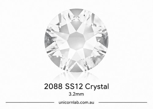 Crystal gemstone with size 2088 SS12 and dimensions 3.2mm on a white background. SS12 Crystal | Flatback Nail Crystals | Genuine 2088 Rhinestones
