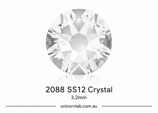 Crystal gemstone with size 2088 SS12 and dimensions 3.2mm on a white background. SS12 Crystal | Flatback Nail Crystals | Genuine 2088 Rhinestones