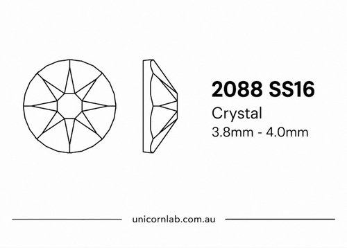 Technical drawing of a crystal with specifications and brand name on a white background. Genuine Swarovski SS16 Crystal flatback nail crystals