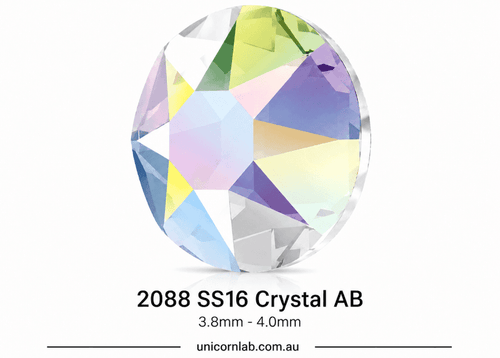 Crystal AB gemstone with size specifications on a white background. SS16 Crystal AB Flatback Nail Crystals | Genuine Swarovski 2088 Rhinestones