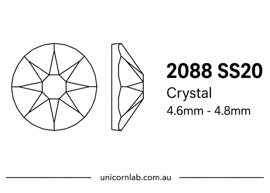 Technical drawing of a crystal with specifications and brand information.