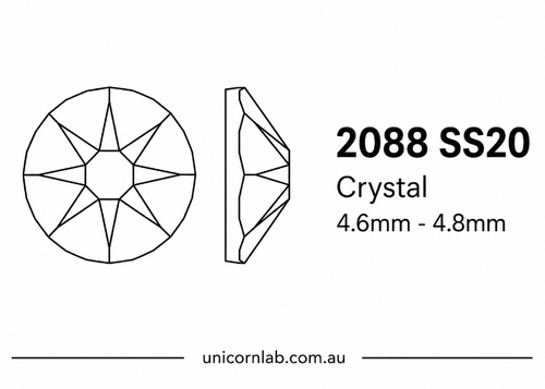 Technical drawing of a crystal with specifications and brand information.
