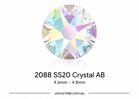 Crystal AB gemstone with size 2088 SS20 on a white background, featuring the brand 'unicornlab.com.au'. Genuine Swarovski 2088 Rhinestones
