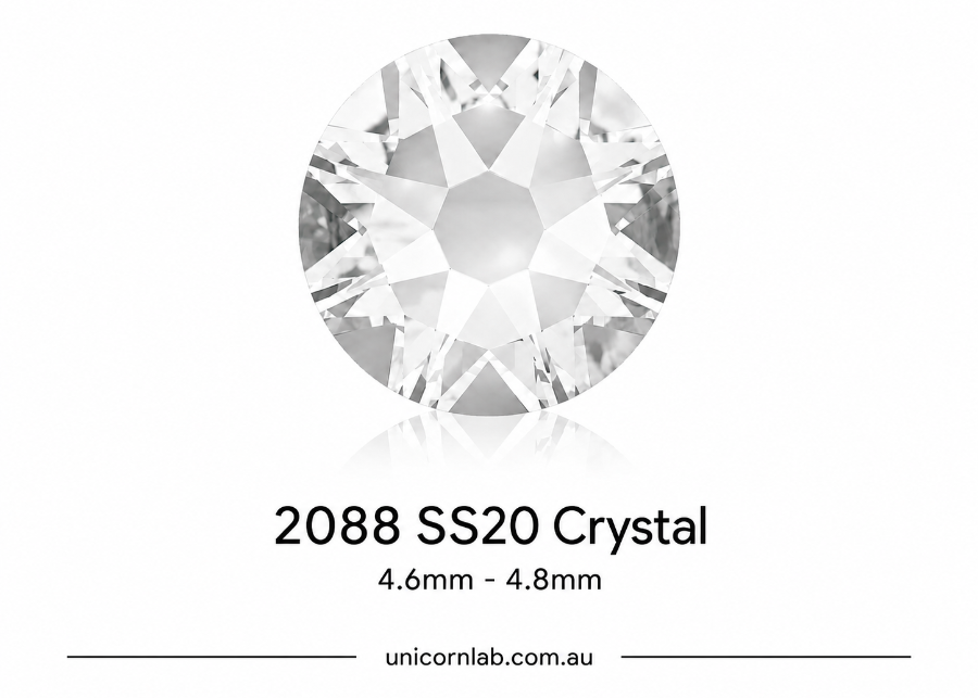 Crystal gemstone with specifications on a white background. SS20 Crystal Flatback Nail Crystals | Genuine 2088 Rhinestones