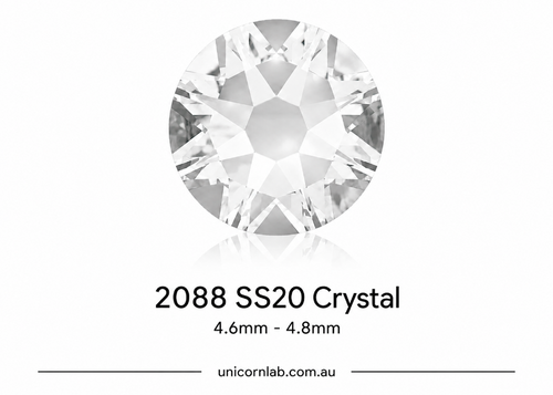 Crystal gemstone with specifications on a white background. SS20 Crystal Flatback Nail Crystals | Genuine 2088 Rhinestones