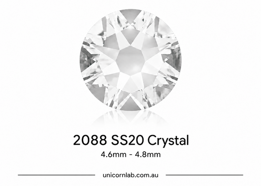 Crystal gemstone with specifications on a white background. SS20 Crystal Flatback Nail Crystals | Genuine 2088 Rhinestones