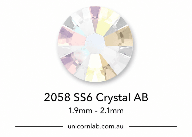 Crystal AB gemstone with size 2058 SS6 on a white background, featuring the brand 'unicornlab.com.au'. SS6 Crystal AB Flatback Nail Crystals | Genuine 2058 Rhinestones