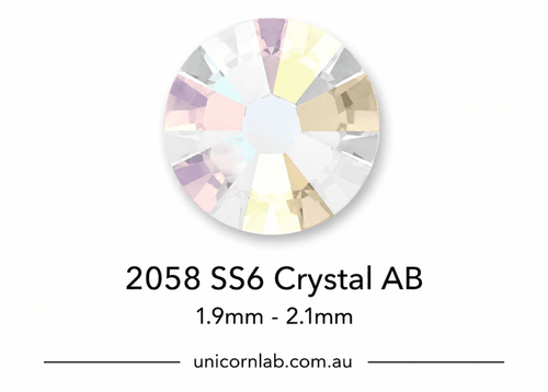 Crystal AB gemstone with size 2058 SS6 on a white background, featuring the brand 'unicornlab.com.au'. SS6 Crystal AB Flatback Nail Crystals | Genuine 2058 Rhinestones