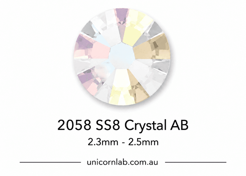 Crystal AB gemstone with size 2058 SS8 on a white background, featuring the brand 'unicornlab.com.au'. SS8 Crystal AB | Flatback Crystals | Genuine Swarovski 2058 Rhinestones