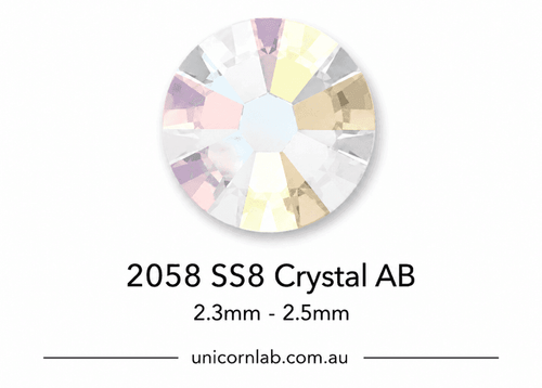 Crystal AB gemstone with size 2058 SS8 on a white background, featuring the brand 'unicornlab.com.au'. SS8 Crystal AB | Flatback Crystals | Genuine Swarovski 2058 Rhinestones