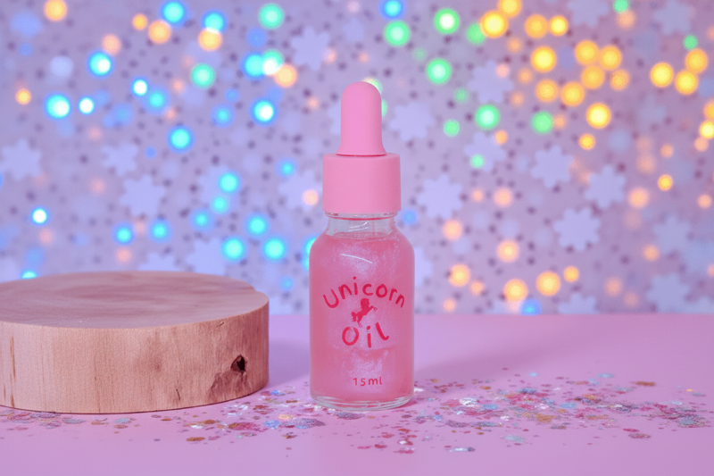 Sugar Lily Unicorn Cuticle Oil - Unicorn Lab. A pink nail serum dropper bottle in front of a glittery backdrop