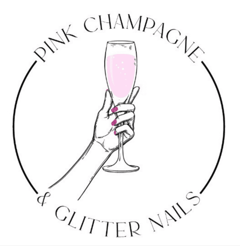 Logo with a hand holding a pink champagne glass and text 'Pink Champagne & Glitter Nails' on a white background.