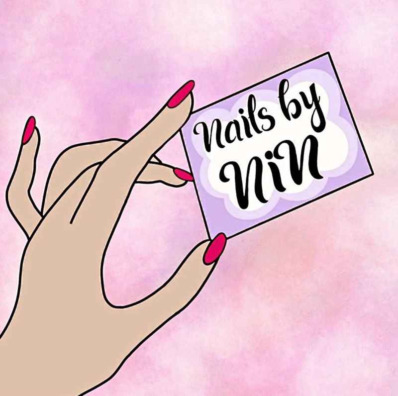 Illustration of a hand holding a card with 'Nails by Nin' on a pink gradient background