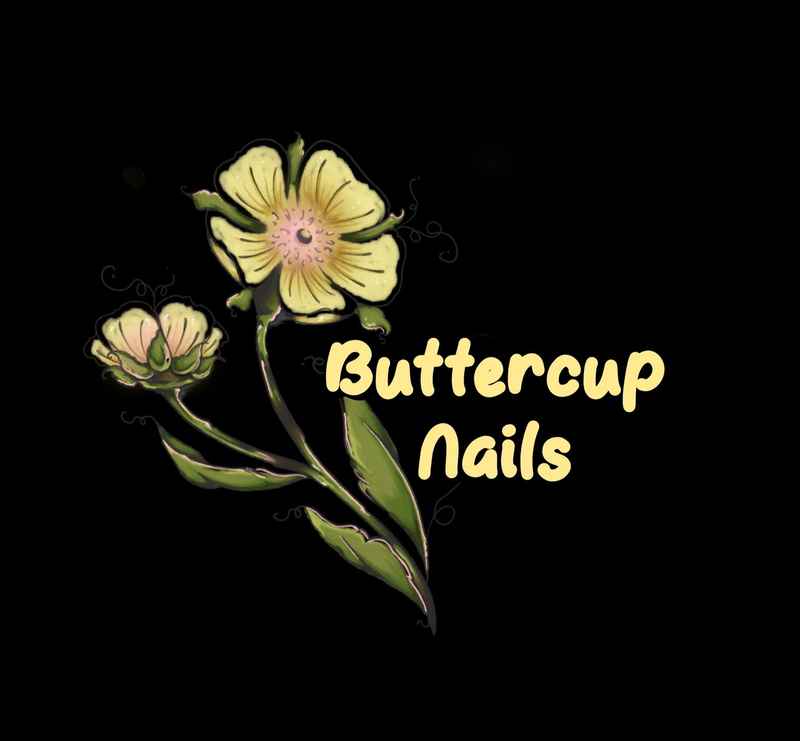Buttercup flower design with 'Buttercup Nails' text on a black background
