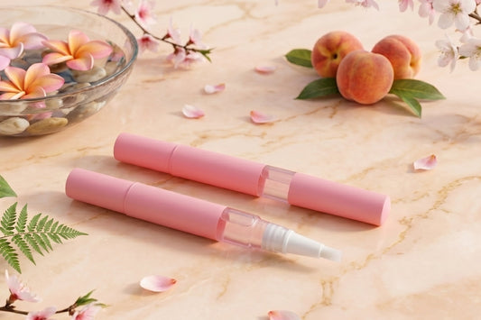 3ml twist cuticle oil pen of Tropical Peach Blossom Unicorn Cuticle Oil featuring a shimmering golden-peach liquid.