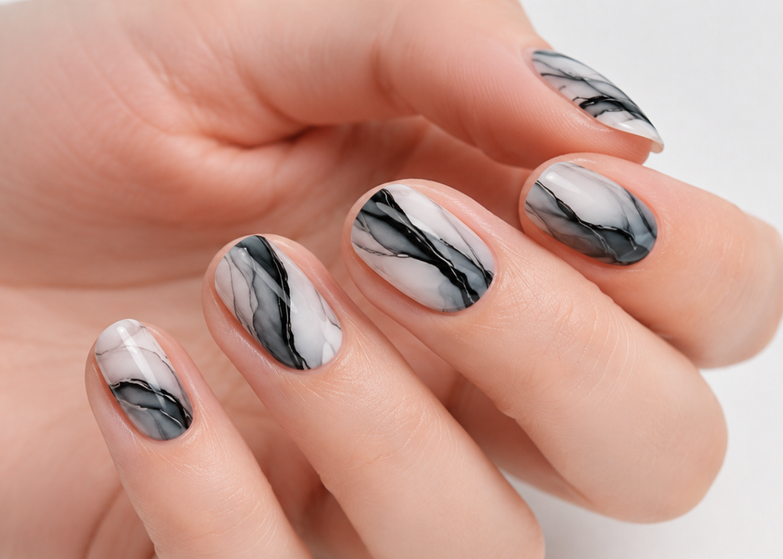 Hand with marble-patterned nails on a light background