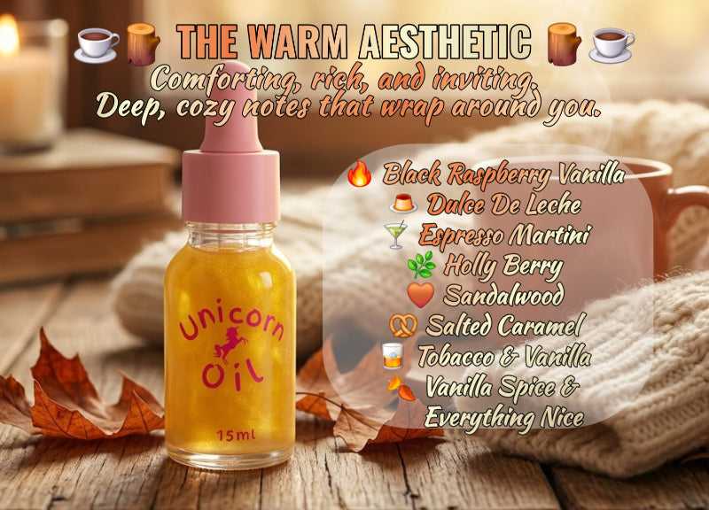 Unicorn Oil bottle with scents listed on a warm-themed background