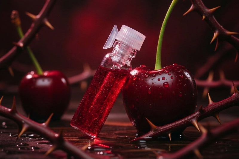 A small clear bottle filled with bright red liquid lies on its side on a dark surface, surrounded by dark red cherries and thorny branches against a moody dark red background.