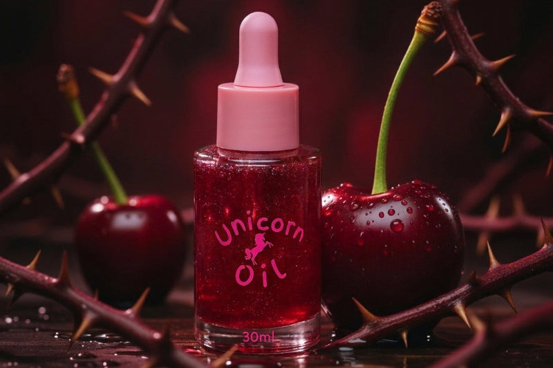 A 30ml bottle of Unicorn Oil serum with a pink dropper cap, filled with sparkling red liquid. The bottle is styled on a dark surface with fresh red cherries and thorny branches in the background.