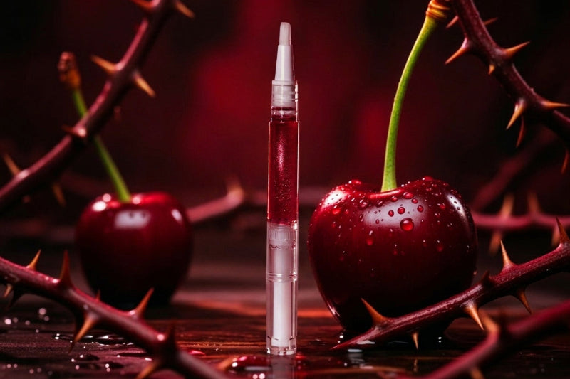 A clear cosmetic tube filled with deep red liquid stands upright on a dark reflective surface, surrounded by thorny branches and two glossy red cherries in a moody studio setup.