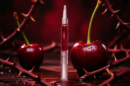 A clear cosmetic tube filled with deep red liquid stands upright on a dark reflective surface, surrounded by thorny branches and two glossy red cherries in a moody studio setup.