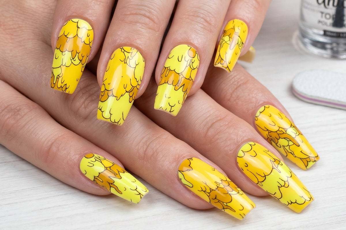 Nails with yellow nail art design on a light background