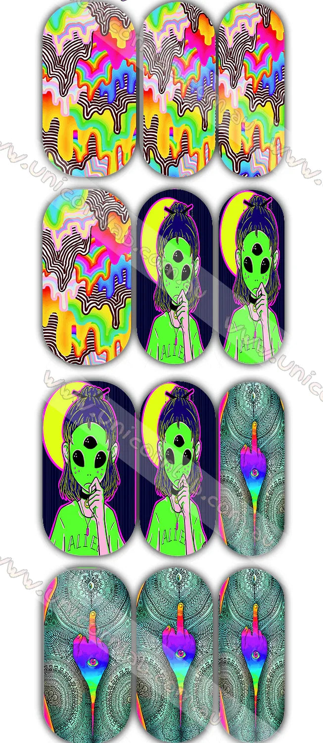 Nail Art Waterslide Decals - Acid Alien Design - Unicorn Lab
