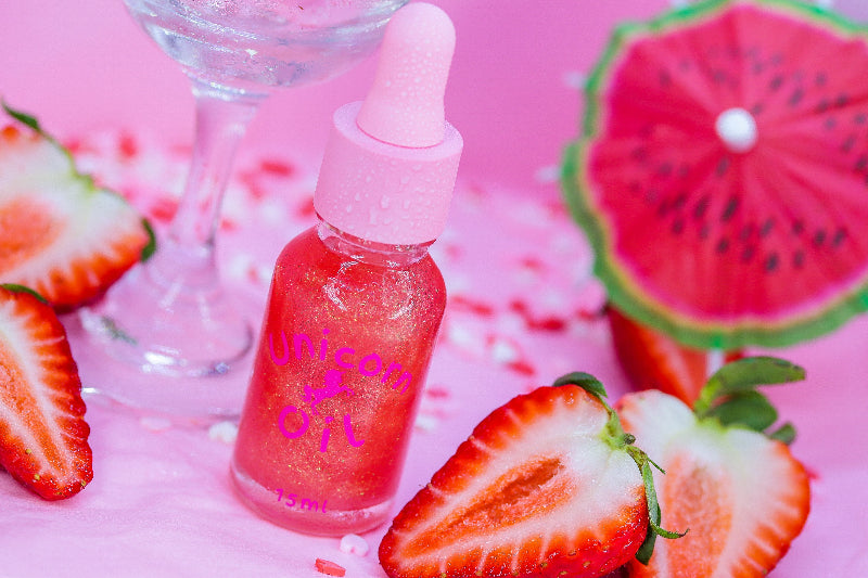 Strawberry Cocktail cuticle oil dropper with strawberry fruit aesthetic, lightweight nail serum